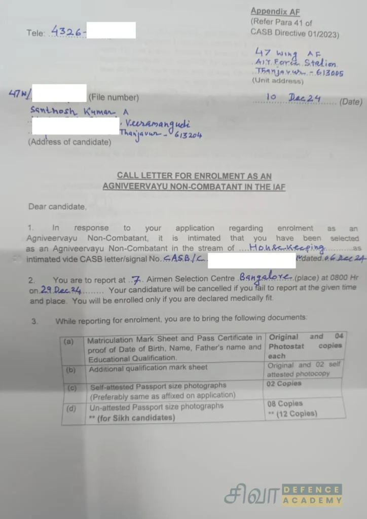 Santhosh IAF NC Call Letter